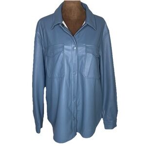 Womens Blue Faux Leather Shirt Jacket- size Large-Snap Collared Shacket